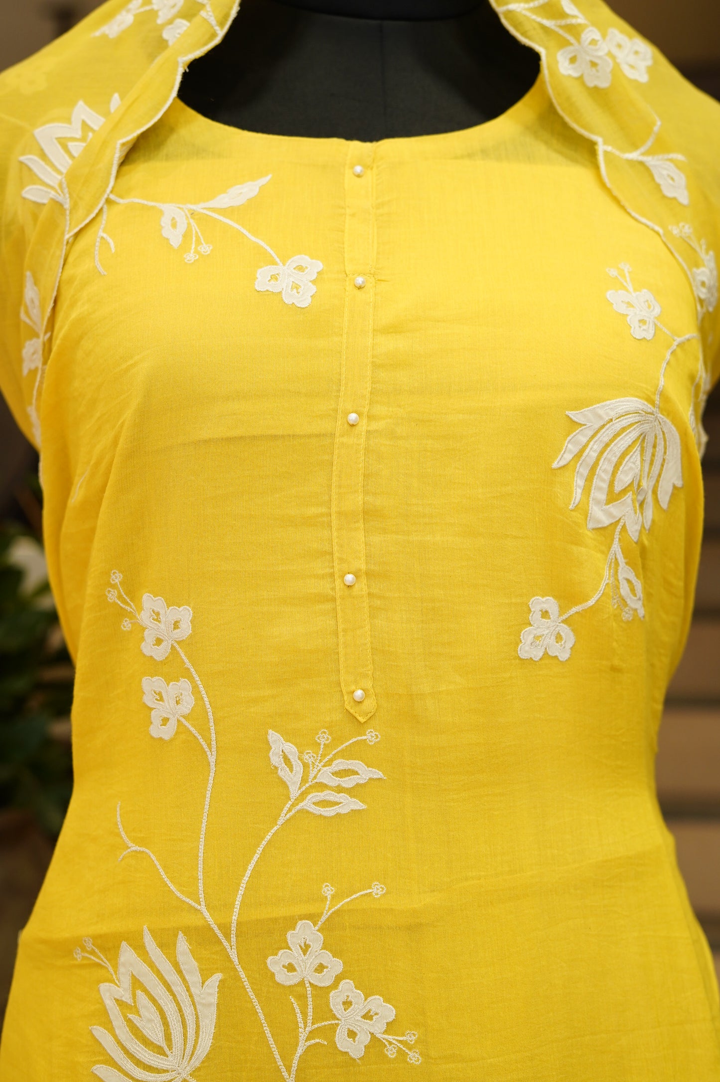 Yellow Mul Chanderi Suit with Applique Embroidery