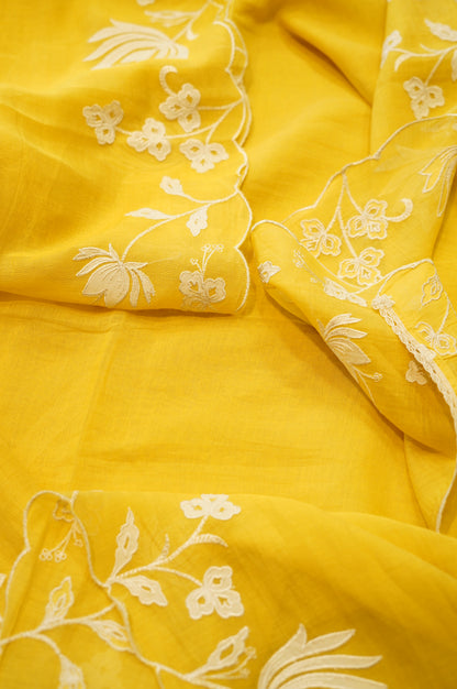 Yellow Mul Chanderi Suit with Applique Embroidery
