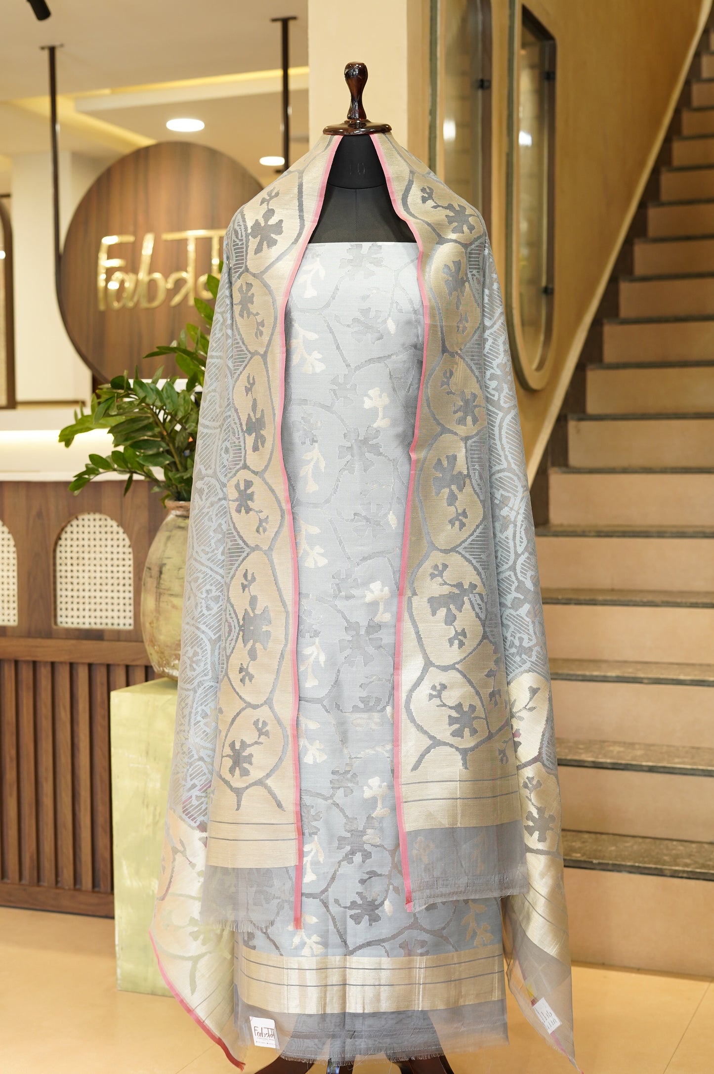Grey Pure Tussar Silk Jamdani Suit