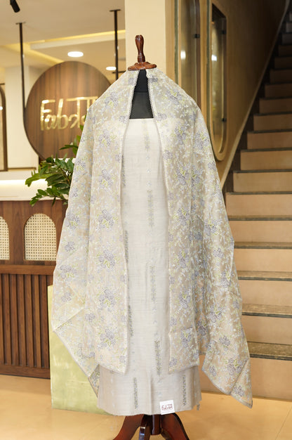 Grey Pure Muga Silk Suit with Embroidery