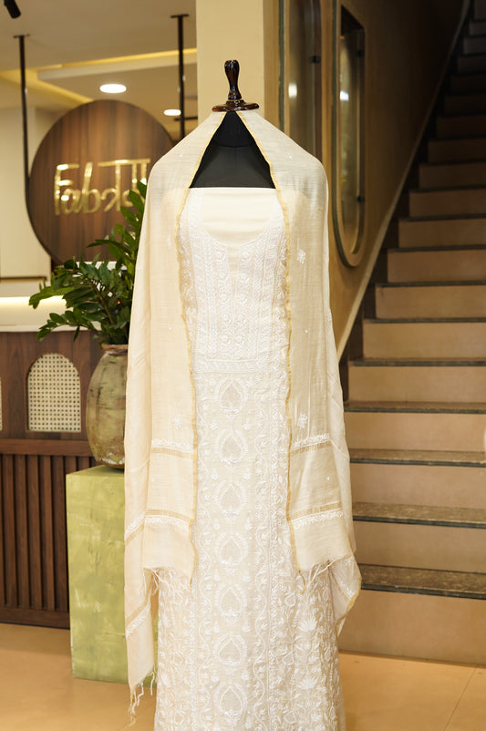Cream Pure Muga Silk Suit with Lakhnavi Kamdani Hand Work