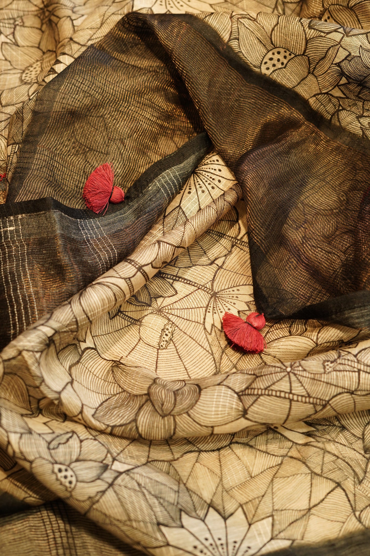 Black Pure Muga Silk Printed Suit