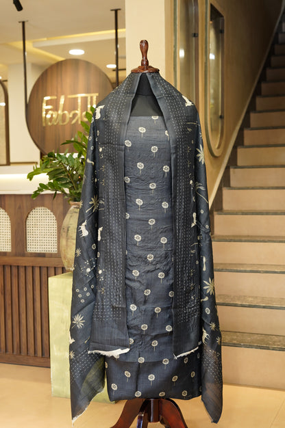 Dark Grey Pure Tussar Silk Suit with Pichwai Print