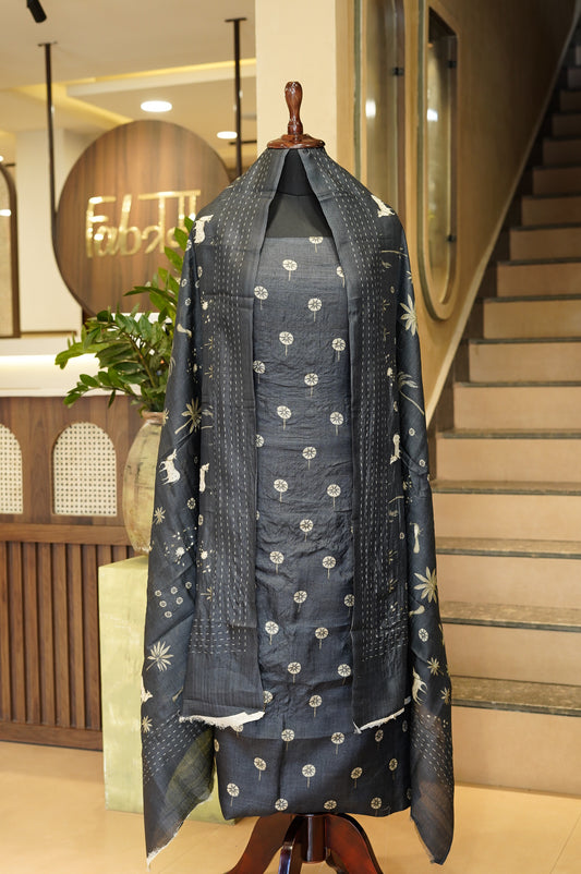 Dark Grey Pure Tussar Silk Suit with Pichwai Print