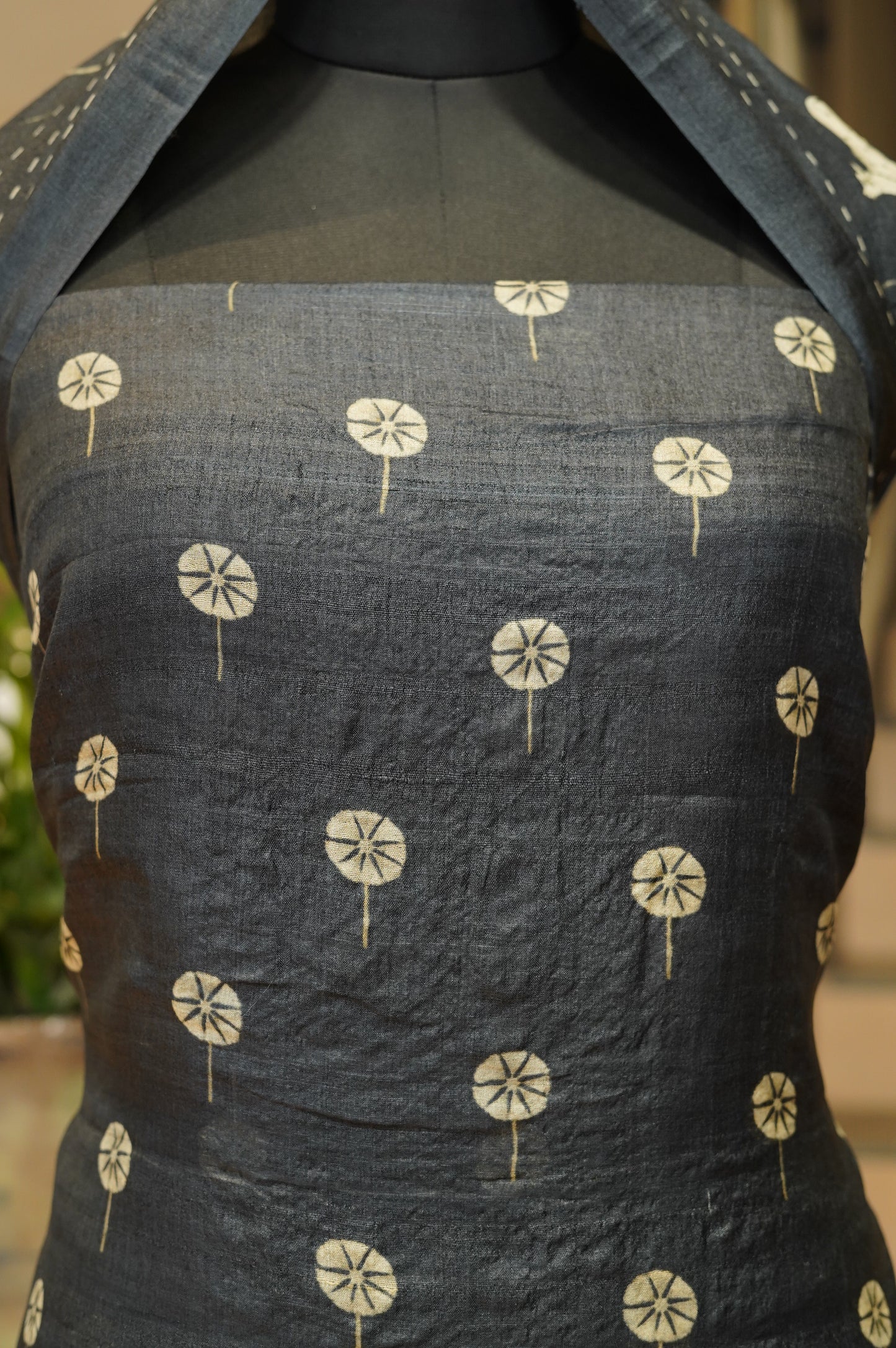 Dark Grey Pure Tussar Silk Suit with Pichwai Print