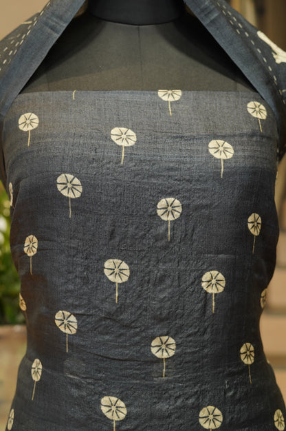 Dark Grey Pure Tussar Silk Suit with Pichwai Print