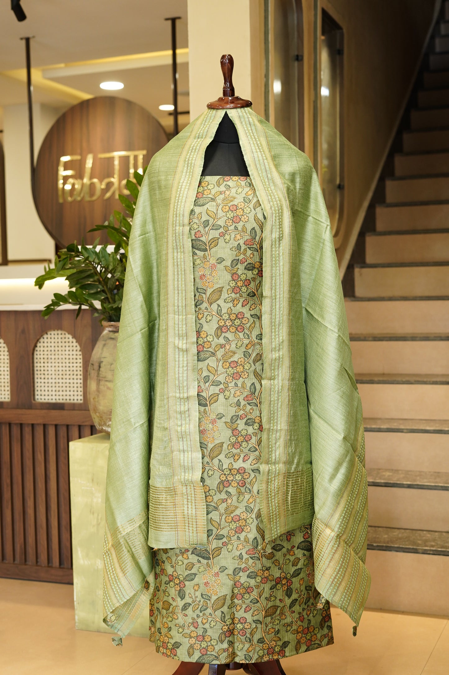 Green Pure Muga Silk Printed Suit with Aari Work