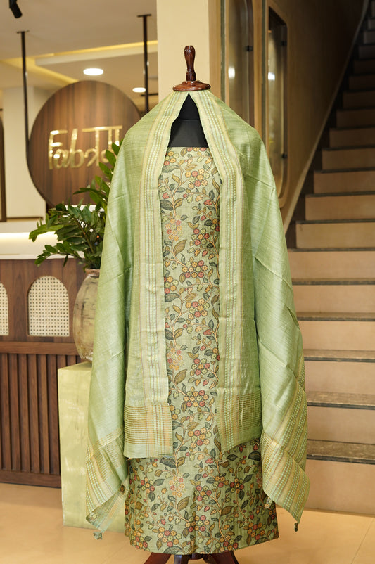 Green Pure Muga Silk Printed Suit with Aari Work
