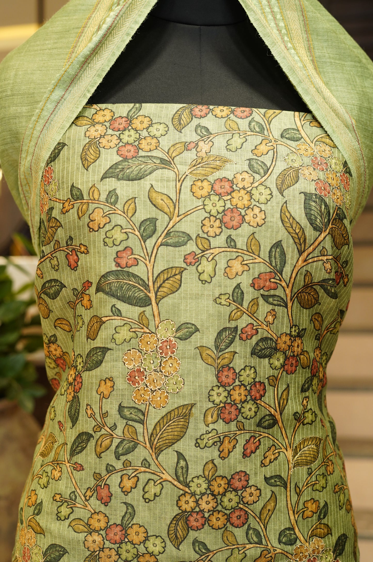 Green Pure Muga Silk Printed Suit with Aari Work