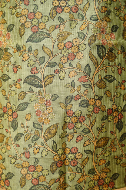 Green Pure Muga Silk Printed Suit with Aari Work