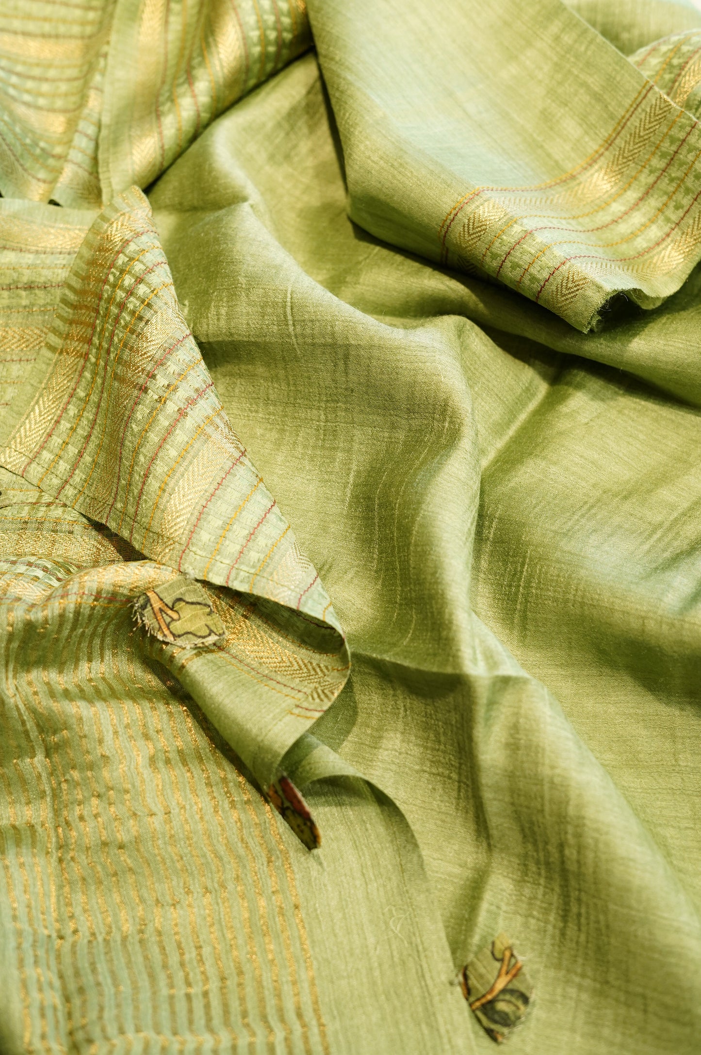Green Pure Muga Silk Printed Suit with Aari Work