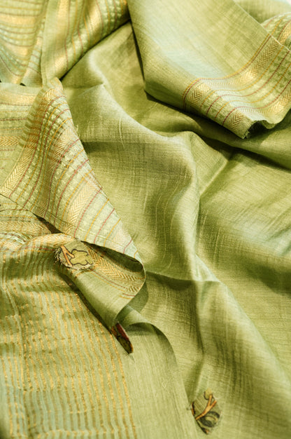 Green Pure Muga Silk Printed Suit with Aari Work