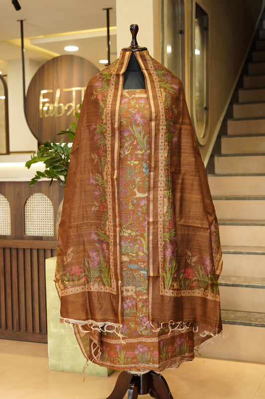 Rust Pure Tussar Silk Suit with Shikara Print