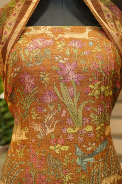 Rust Pure Tussar Silk Suit with Shikara Print