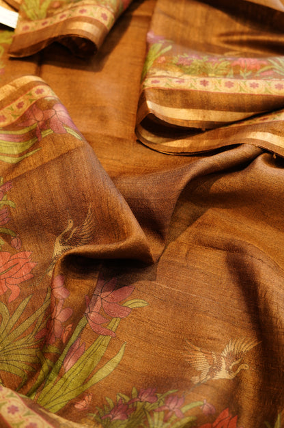 Rust Pure Tussar Silk Suit with Shikara Print
