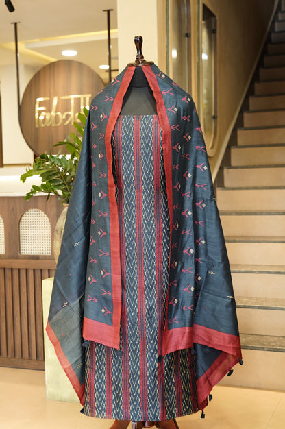 Blue Pure Muga Silk Printed Suit