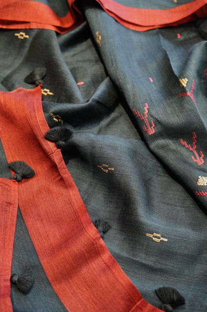 Blue Pure Muga Silk Printed Suit