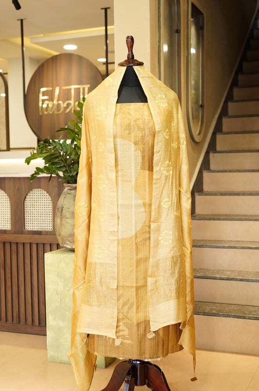 Mustard Pure Muga Silk Suit with Katha Work