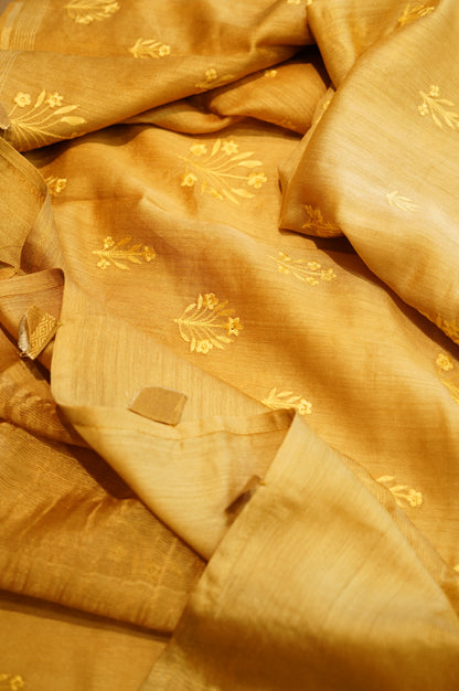 Mustard Pure Muga Silk Suit with Katha Work