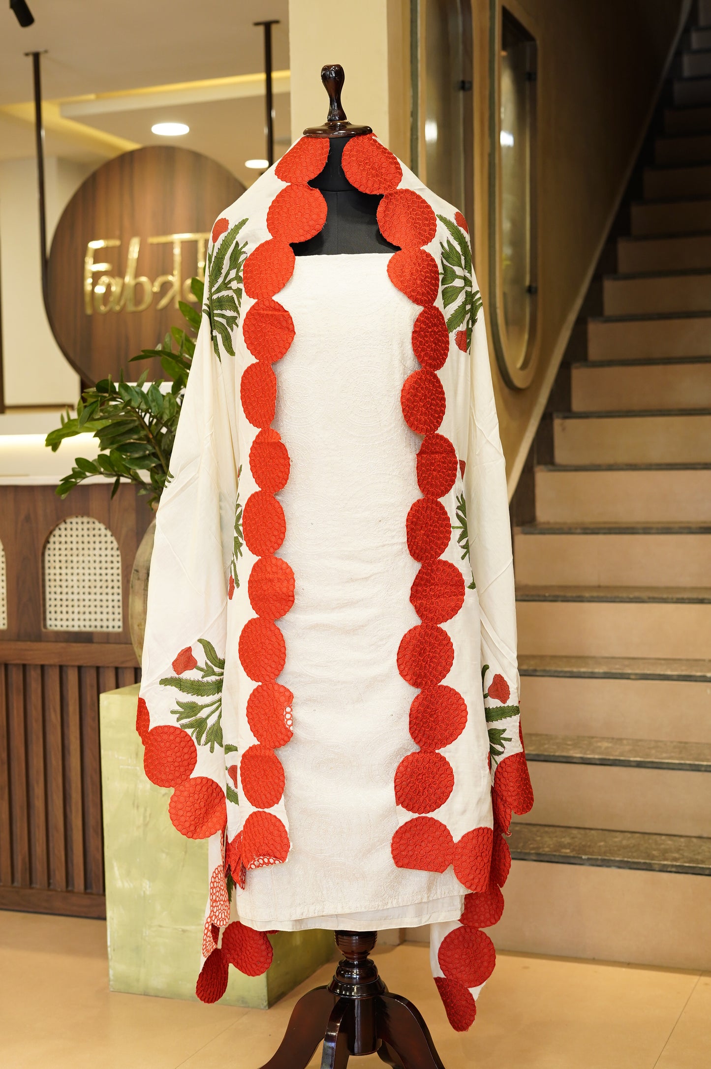 Cream Muslin Embroidered Suit