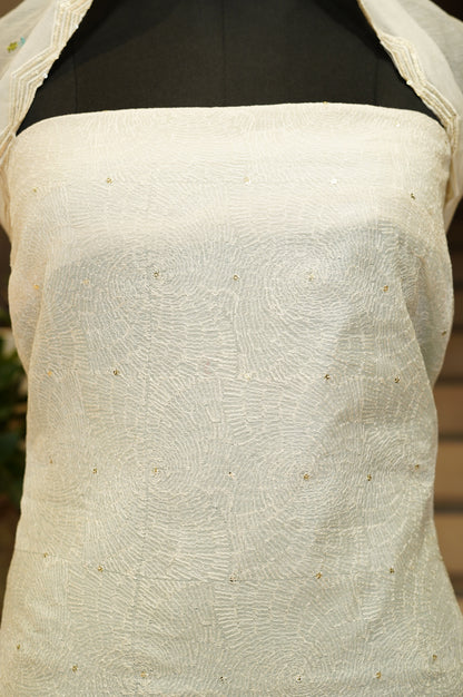 Off White Mul Chanderi Embroidered Suit