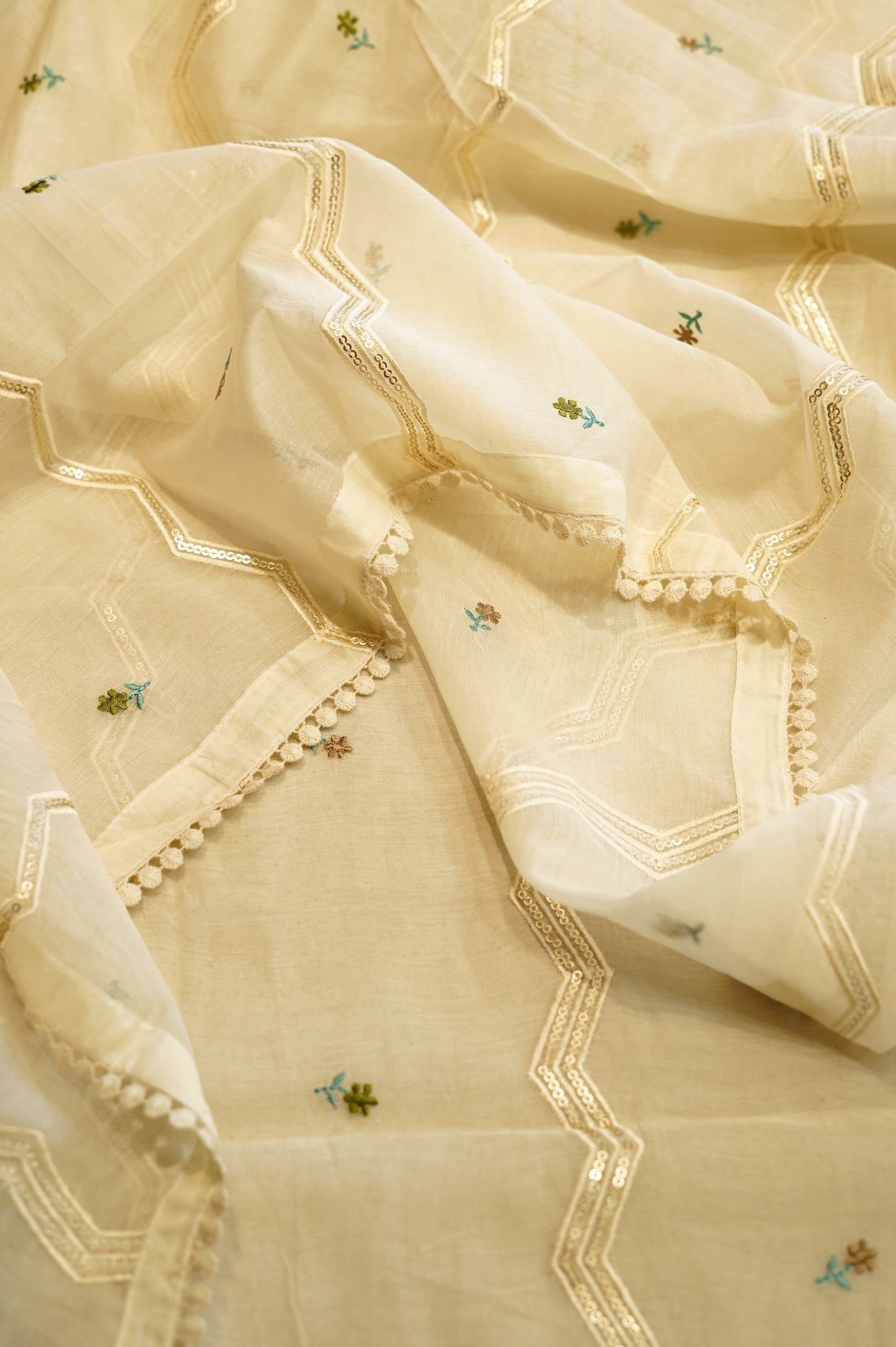 Off White Mul Chanderi Embroidered Suit