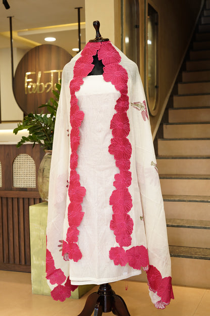 Off White Mul Chanderi Embroidered Suit