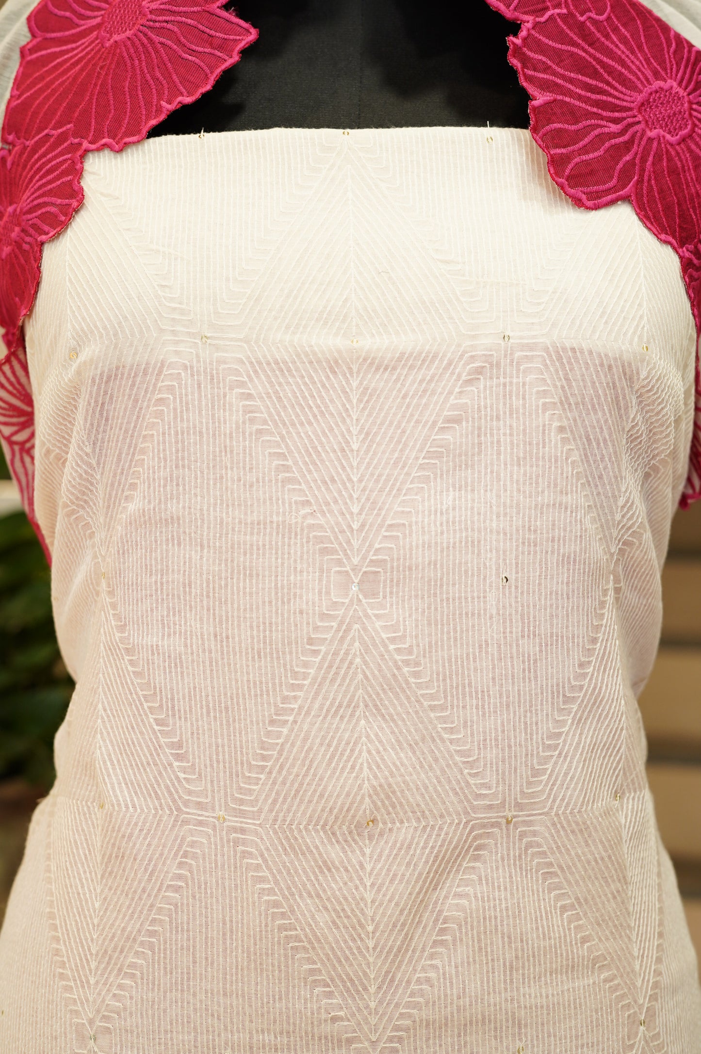 Off White Mul Chanderi Embroidered Suit