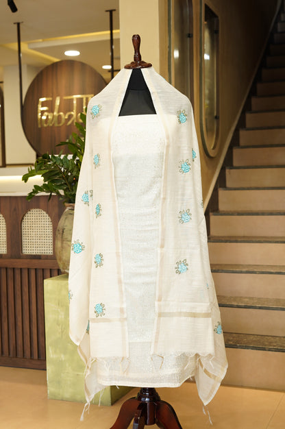 Off White Mul Chanderi Embroidered Suit
