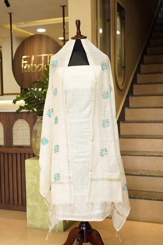 Off White Mul Chanderi Embroidered Suit