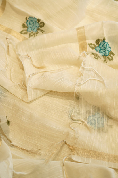 Off White Mul Chanderi Embroidered Suit