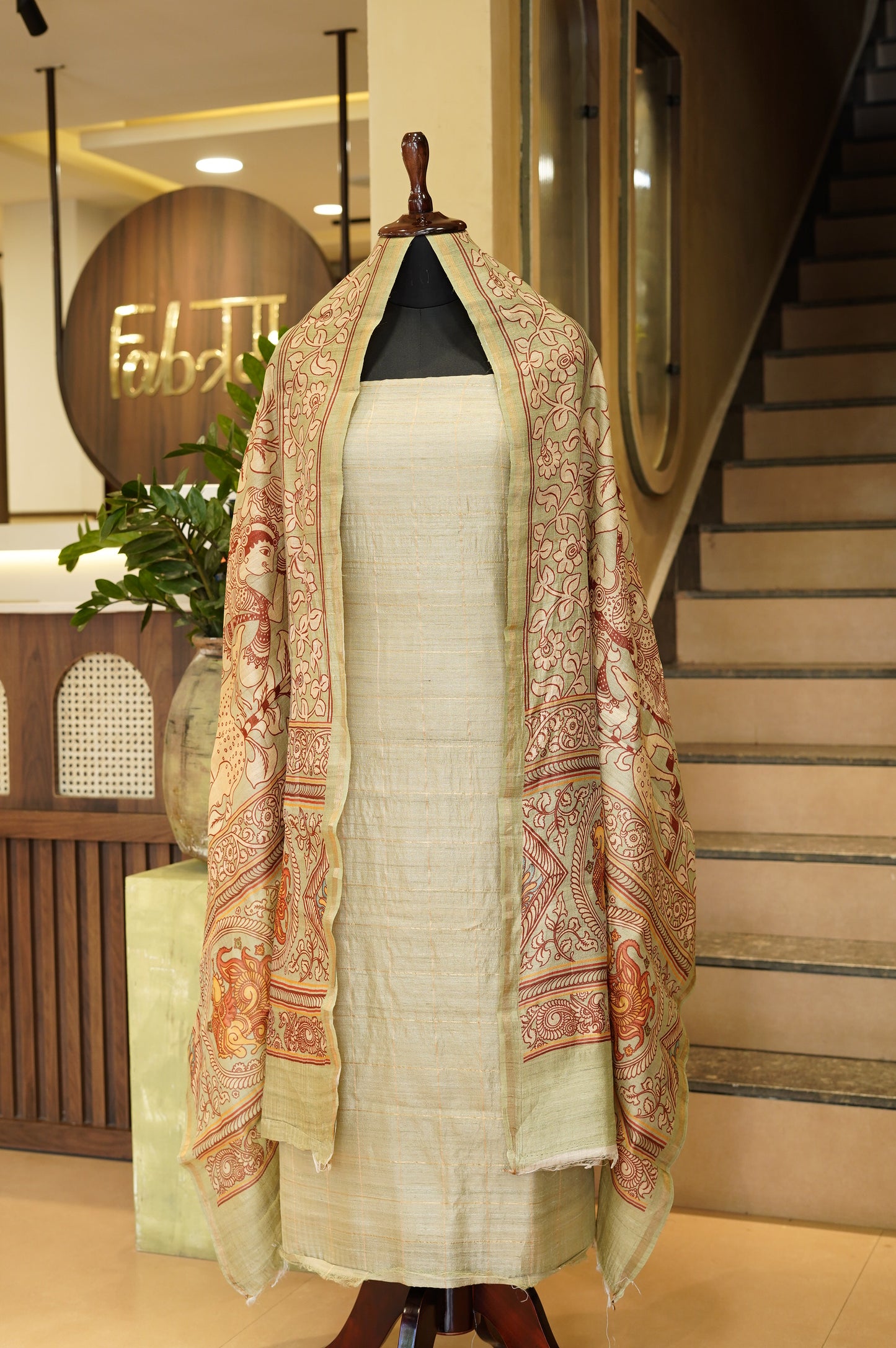 Green Pure Tussar Silk Suit with Self Zari Weaving