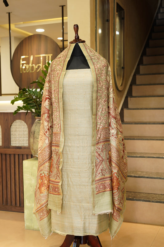 Green Pure Tussar Silk Suit with Self Zari Weaving