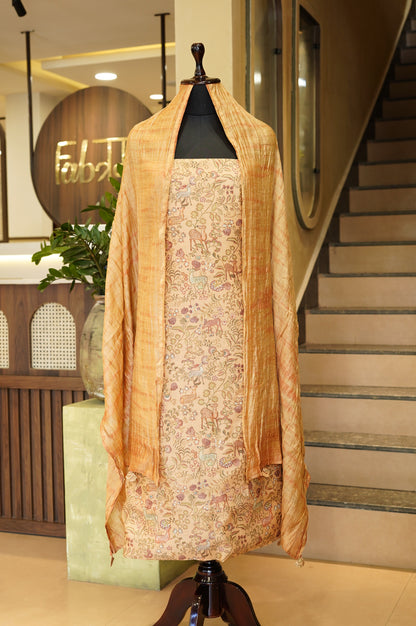Beige Pure Muga Silk Printed Suit with Mukaish Work