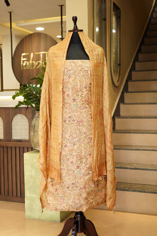 Beige Pure Muga Silk Printed Suit with Mukaish Work