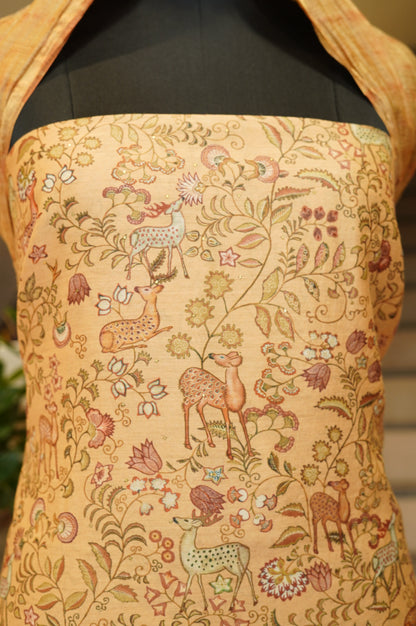 Beige Pure Muga Silk Printed Suit with Mukaish Work