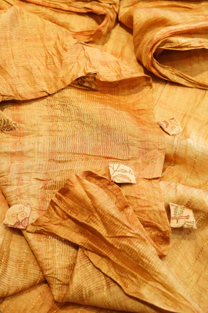 Beige Pure Muga Silk Printed Suit with Mukaish Work