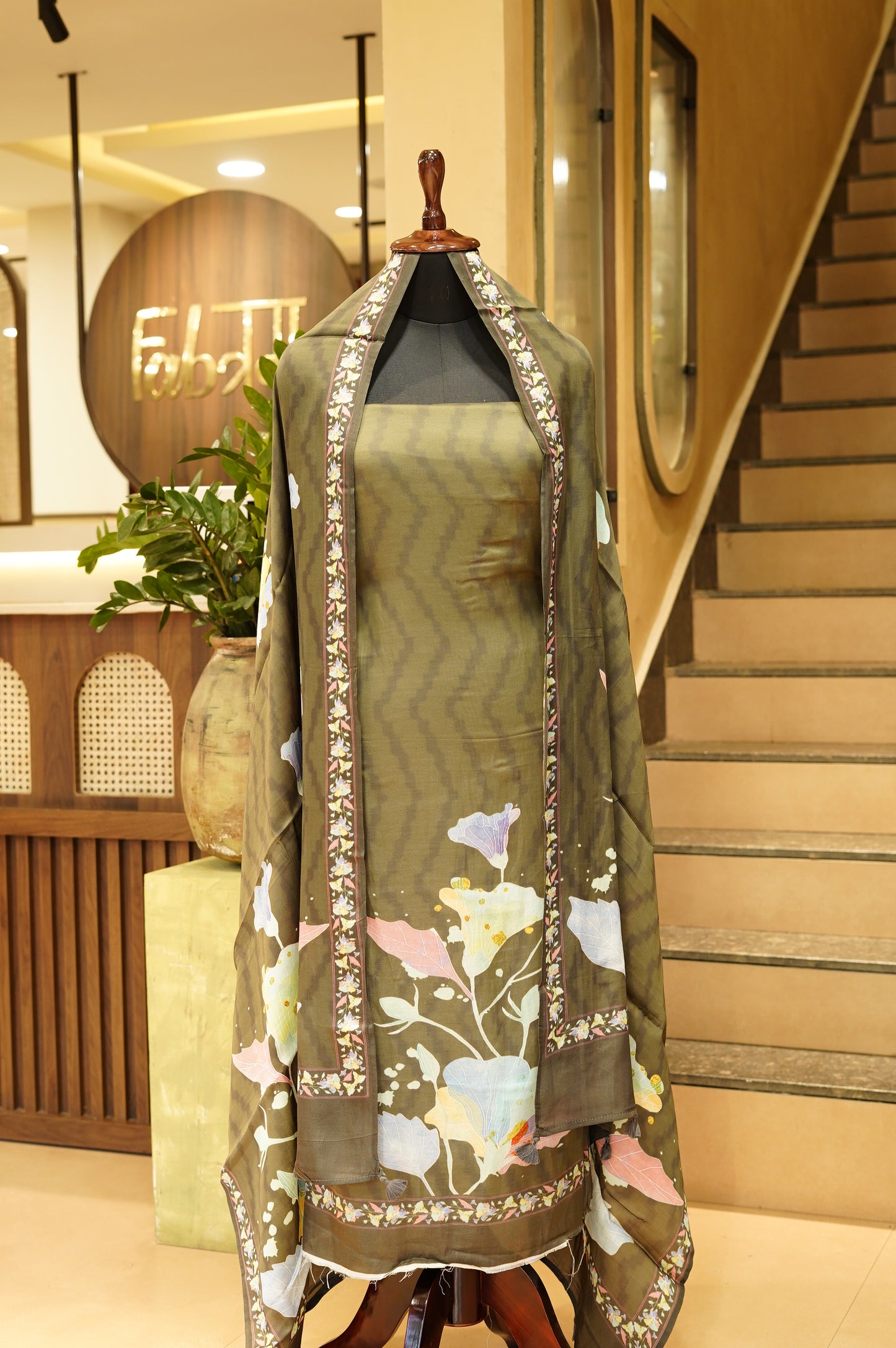 Green Modal Silk Printed Suit