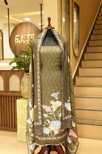 Green Modal Silk Printed Suit