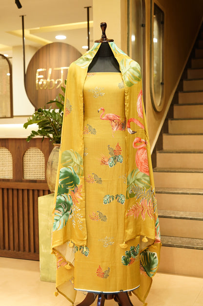 Mustard Modal Silk Printed Suit