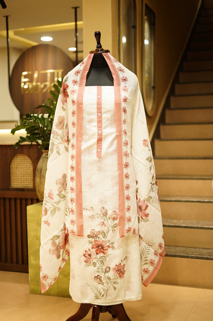 Off White Printed Linen Suit