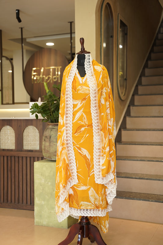 Orange Chinon Suit with Floral Print