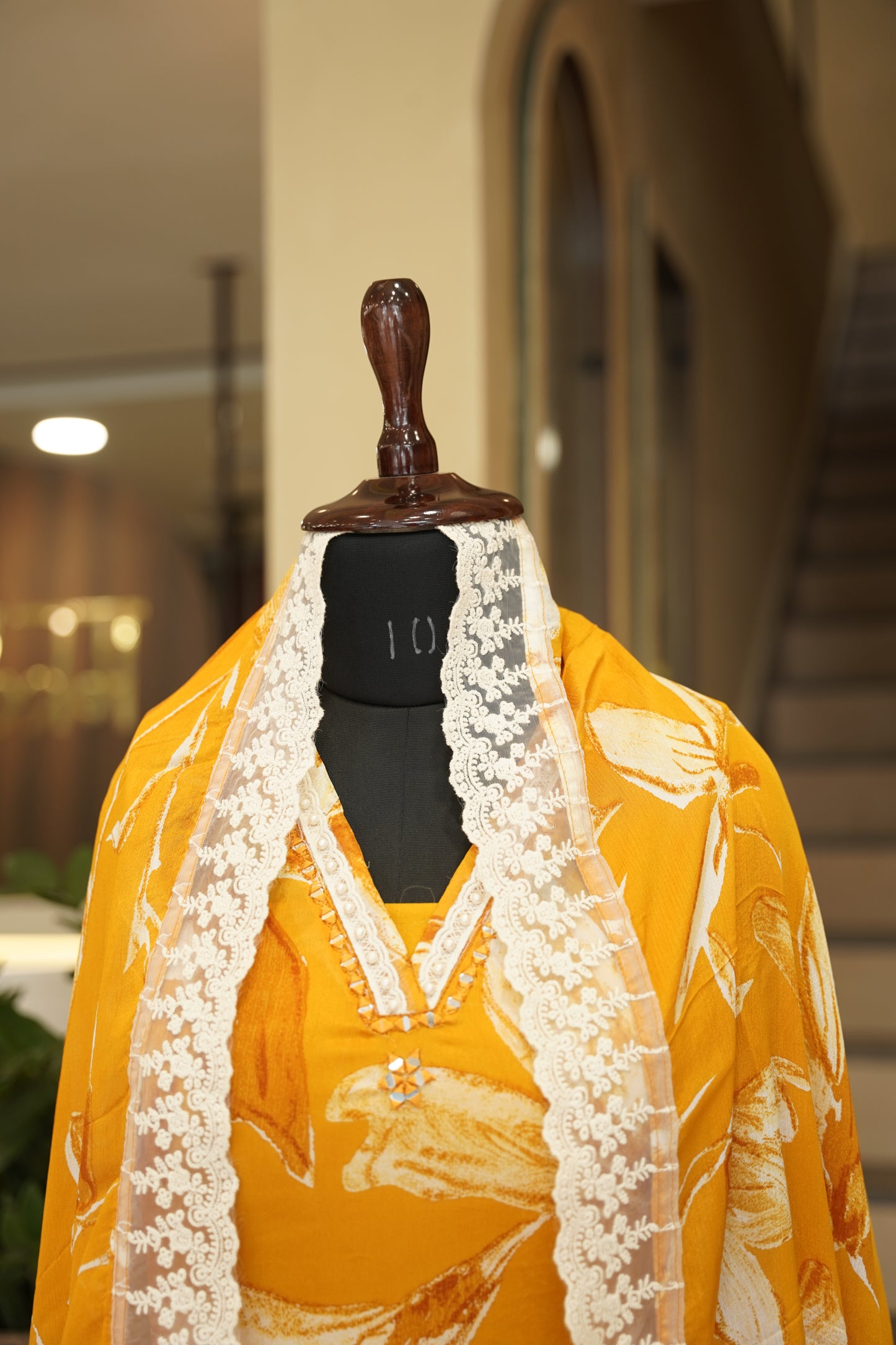 Orange Chinon Suit with Floral Print