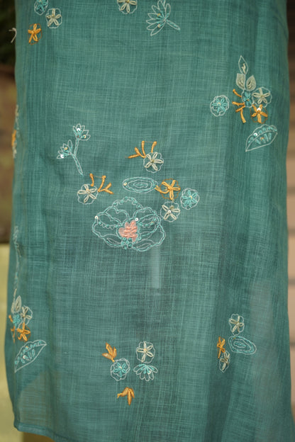 Green Printed Linen Suit with Hand Embroidery