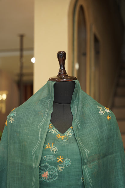 Green Printed Linen Suit with Hand Embroidery