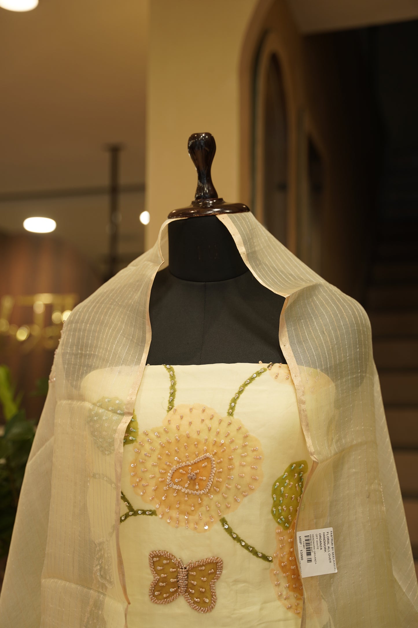 Cream Pure Organza Hand Painted Suit with Hand Work