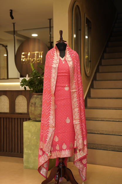 Pink Chinon Bandhej Banarasi Suit