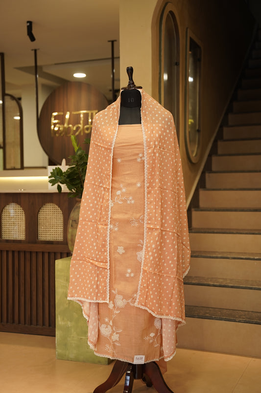 Chanderi Suit with Applique WorkPeach Mul