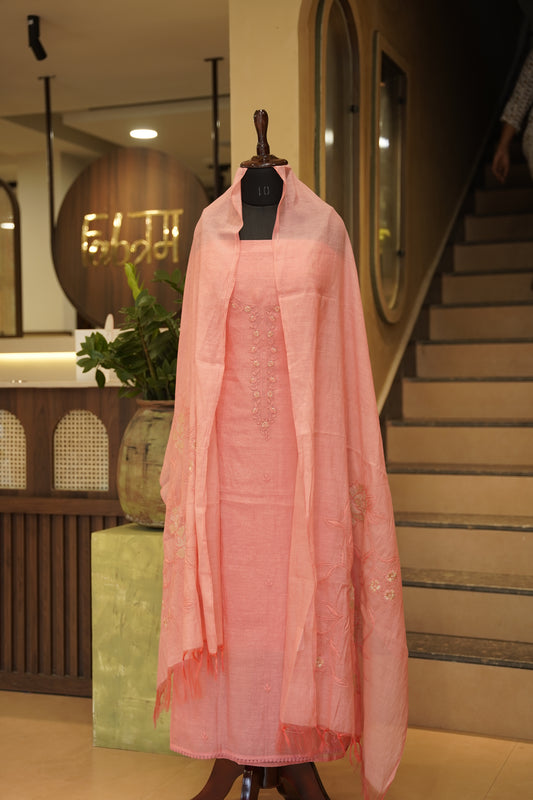 Pink Mul Chanderi Suit with Neck Embroidery