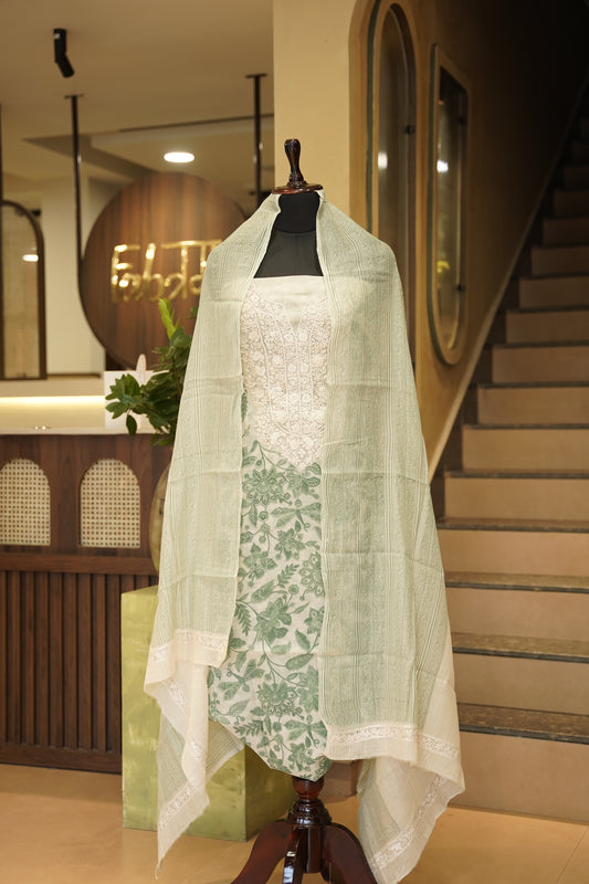 Off White Mul Chanderi Block Printed Suit with Katha Work